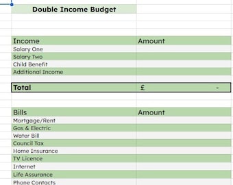 Double Income Budget Spreadsheet, Downloadable Family Budgeting Worksheet