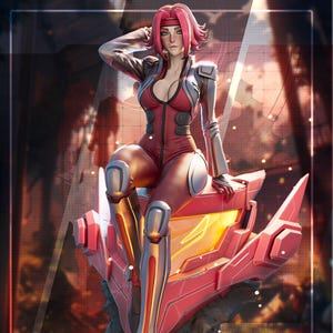 May include: A digital art piece of a woman in a red and gray futuristic outfit, seated on a red and gold mechanical structure. The artwork features the name "Kalle" and the logo for "Hybris 3D Studios".