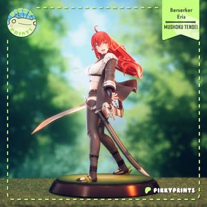 May include: A detailed figurine of Eris from Mushoku Tensei, the Berserker. The figure has long red hair and is dressed in a white top, dark brown jacket, and pants. She is holding a sword. The base is green and brown.