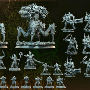 Puede incluir: Una colección de figuras en miniatura, que incluye grandes construcciones mecánicas con forma de araña y varias figuras humanoides con armadura. Las figuras son detalladas y parecen ser parte de un juego de mesa de fantasía o ciencia ficción. El texto "ORBITA HELLSCAPE HELL PRAETORIANS" es visible.