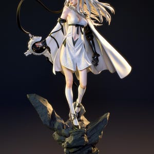 May include: A detailed figurine of a character in a white and black outfit, standing on a rocky base. The figure has long white hair, a flower in the hair, and is holding a weapon. The outfit includes a cape and a decorative design.