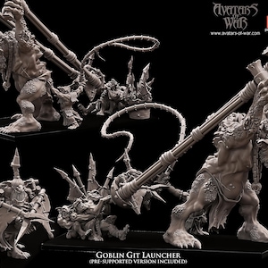 Pode incluir: Modelo 3D detalhado de um Lançador de Goblin Git, uma miniatura de fantasia. O modelo apresenta uma figura de goblin grande e musculosa segurando um lançador, com figuras de goblin menores e uma arma pontiaguda. O texto "GOBLIN GIT LAUNCHER" é visível.