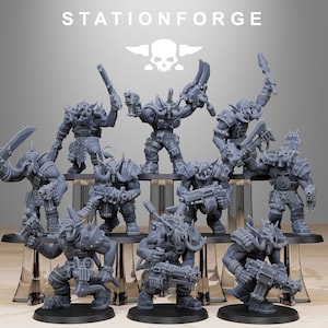 May include: A collection of gray miniature figures, each armed with weapons and armor. The figures are arranged on clear stands, with the word "STATIONFORGE" and a skull logo at the top.
