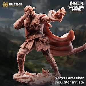 May include: A detailed, peach-colored miniature figure of Varys Farseeker, Inquisitor Initiate, in a dynamic pose. The figure is wearing detailed armor and a flowing cape, with the text "DM STASH PRINT.PAINT.PLAY" and "BASTION OF THE WANDERING MAGE +5 YEAR ANNIVERSARY SPECIAL" visible.