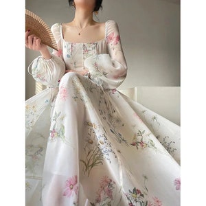 Chiffon Long Sleeve Dress | Floral Print Tulle Prom Attire | Evening Party Midi Dress | Gift for Her | Women Dress