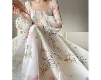 Chiffon Long Sleeve Dress | Floral Print Tulle Prom Attire | Evening Party Midi Dress | Gift for Her | Women Dress