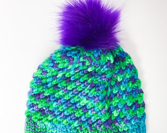 Hand Knit Beanie Hat - Peacock - Fluffy Faux Fur Pom, Washable Hat