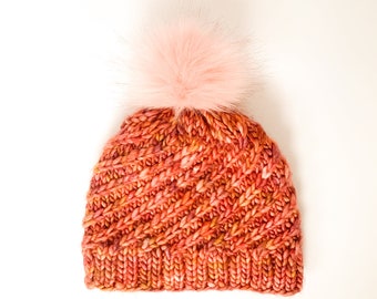 Hand Knit Beanie Hat - Cranberry Fields - Fluffy Faux Fur Pom, Washable Hat