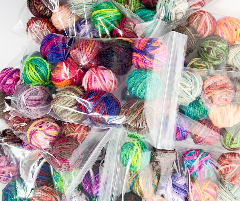 Hand Dyed Scrap Yarn, Aran Weight, 10 gram mini skeins for knit scrappy sweater, crochet scrap blanket yarn, scrap hat yarn image 3