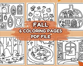 Puede incluir: Seis páginas para colorear en blanco y negro con temática otoñal. Las páginas presentan fantasmas, osos, calabazas y escenas de interior acogedoras. El texto "FALL 6 COLORING PAGES PDF FILE" se muestra en el centro de la imagen.