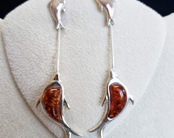 Baltic Cognac Amber & Sterling silver Dolphin earrings