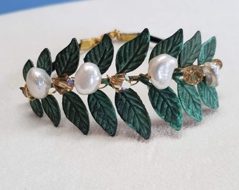 Verdigris Leaf Bracelet with Cornflake Pearls & Crystals