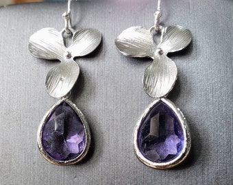 Silver orchids with faceted Tanzanite glass