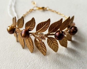 Leaf Bracelet with Pearls & Crystals