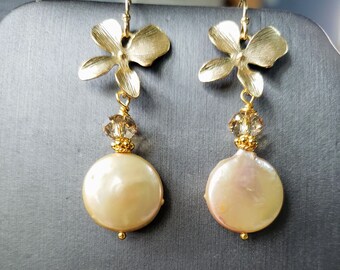 Gold orchids with champagne coin pearls