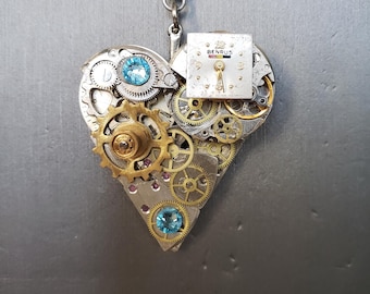 Vintage watch pieces necklace - "Heart w/ blue accents"