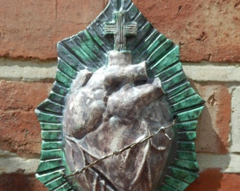 Sacred Heart Ceramic Wall Art Sculpture Distressed Occult Religious home decor