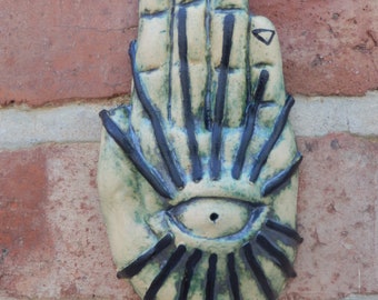 All Seeing Hand Ceramic Wall Decor Joss Stick Holder Occult Gothic Sculpture Alchemy