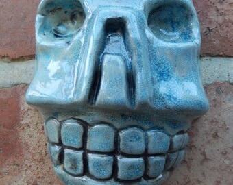 Turquoise Aztec Skull Ceramic Wall Art Sculpture Occult Goth Home Decor