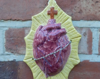 Sacred Heart Ceramic Wall Art Sculpture Distressed Occult Religious home decor Goth gothic Icon