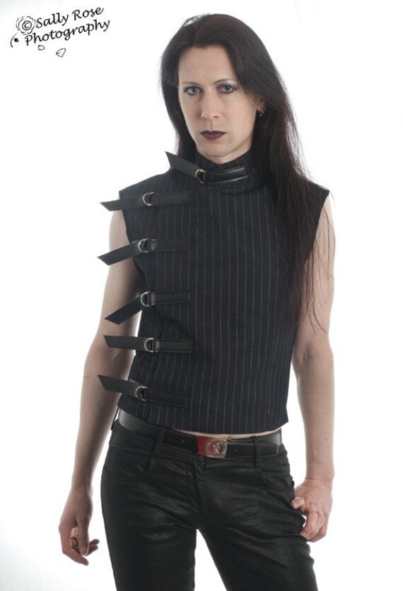 Men S Pinstripe Buckle Top Goth Gothic Cyber Fetish Etsy