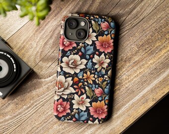 Floral iPhoneTough Case, iPhone 12 13 14 15, Various Sizes Available, Navy Blue Floral Case
