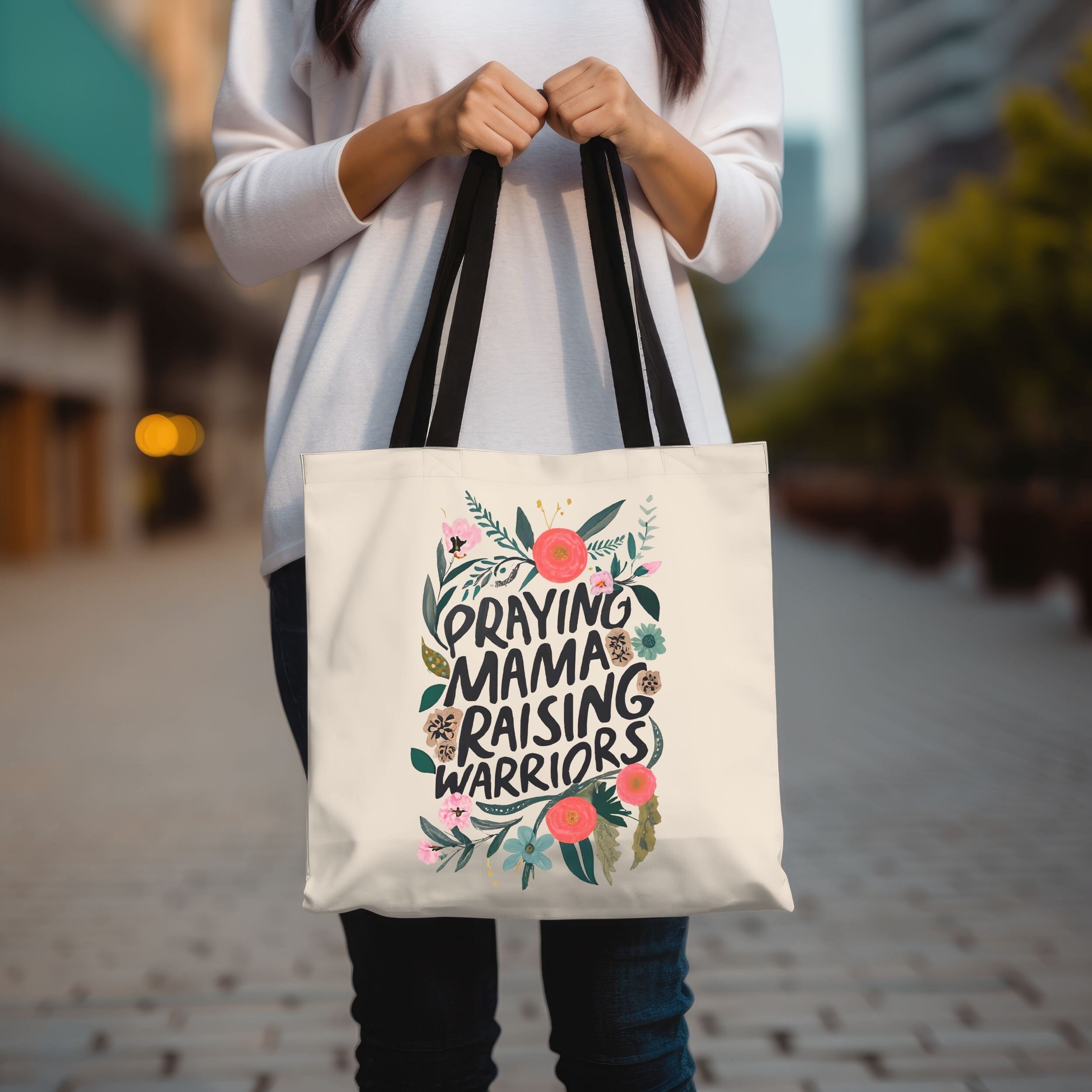 Praying Mama Raising Warriors Tote Bag, Christian Tote Bag, Bible Tote, Christian Canvas Tote, Gift for Sister, Mom Gift, Scripture Tote