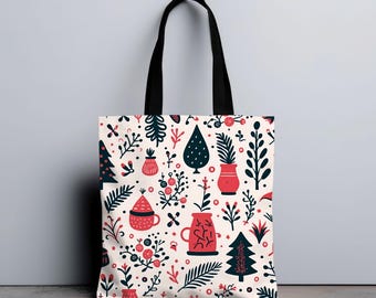 Weihnachtseinkaufstasche mit Weihnachtsdekorationen, festlicher Stoffbeutel, Weihnachtsgeschenktasche, saisonale Einkaufstasche, Weihnachtsgeschenk, Weihnachtseinkaufstasche