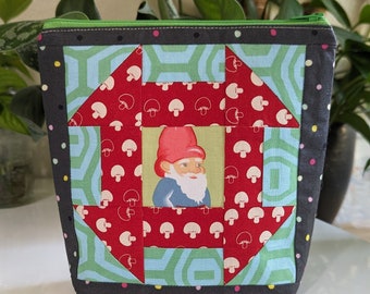 Gnome and Mushroom Patchwork Cosmetic Pouch