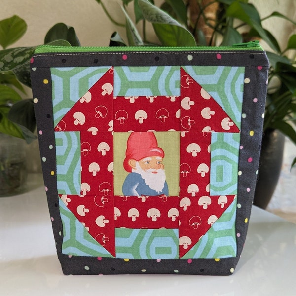 Gnome and Mushroom Patchwork Cosmetic Pouch