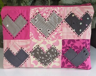 Pink and gray hearts zipper pouch