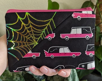 Hearse and holographic spider web large Zipper Pouch