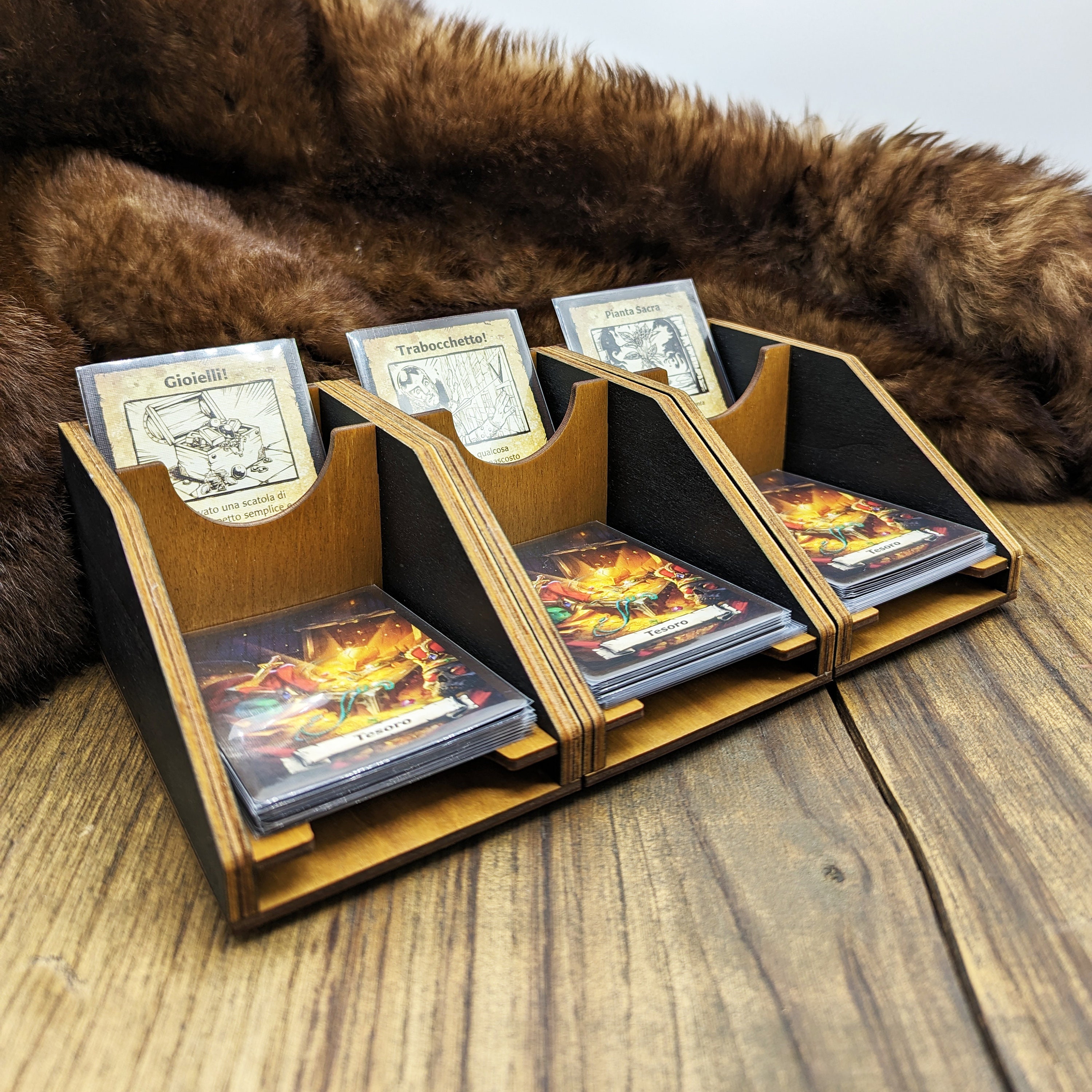 Modular wooden draw and discard card holder for tabletop games, magnetic, organizer, compatible with most cards and board games