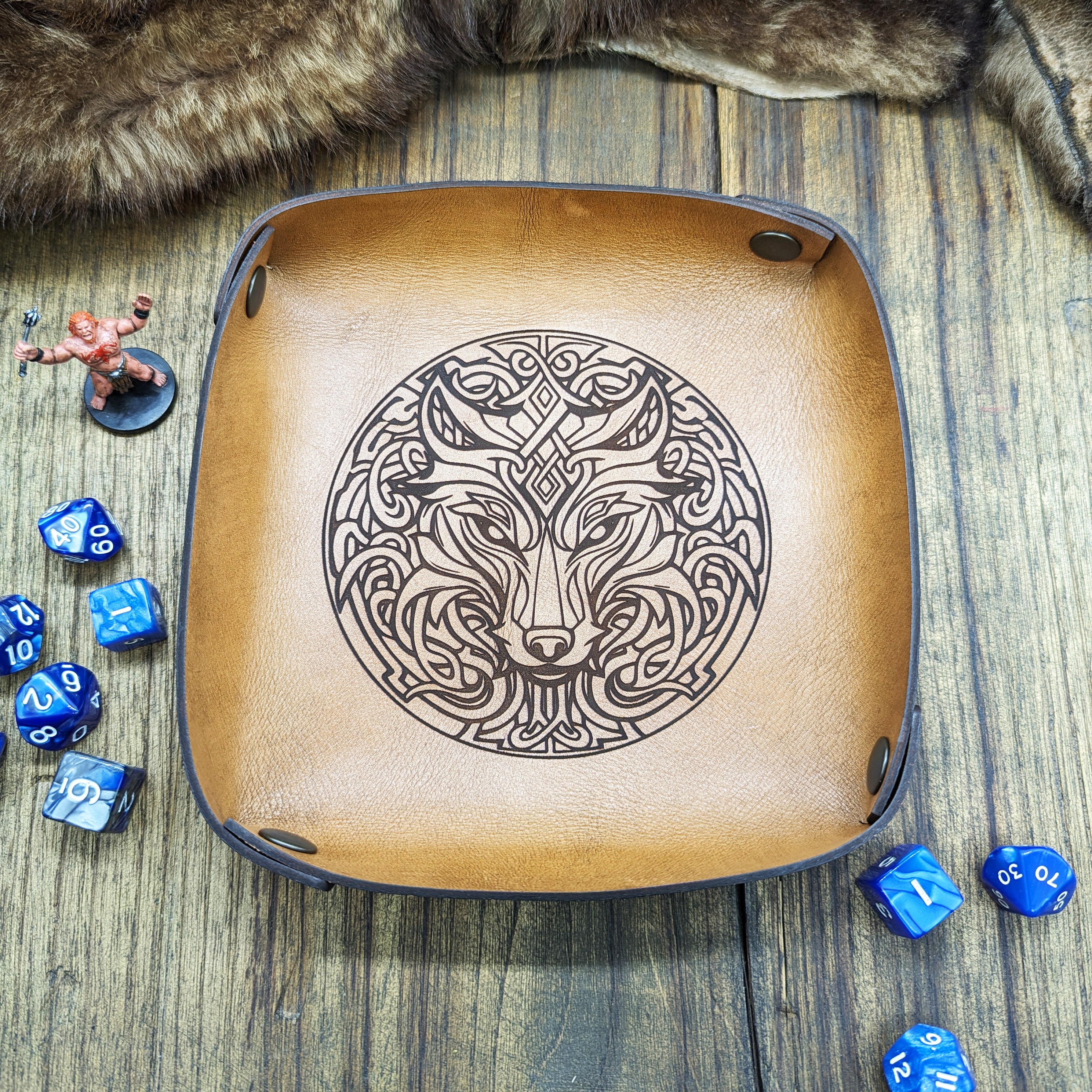Italian Leather Dice Rolling Tray with Celtic Knot Wolf - Hand-Aged and Portable