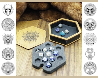 Würfelbox und Würfelbox aus Holz mit Schaumstoffeinlage und Thematischen Gravuren – Multi-Design Würfelhalter & Roller für Tabletop-Rollenspiele und Kriegsspiele