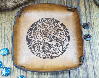 Italian Leather Dice Rolling Tray with Celtic Knot Dragon - Hand-Aged and Portable