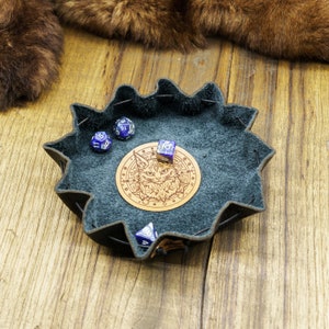 Leather Dice Bag and Dice Tray with Mystical Cat Emblem - Genuine Italian Leather Dice Holder or Dice Vault for Role Play or Tabletop dice