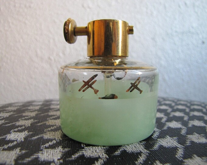 1930s Art Deco Airplanes Glass Perfume Bottle Atomizer Jadite Green and