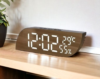 Horloge miroir Horloge numérique Température et humidité Réveil Horloge de chevet Horloge de table Décoration d'intérieur Cadeau pour la maison Horloge 24 heures sur 24 Réveil matinal