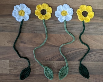 Crochet Flower Bookmark | Handmade Sunflower or Daisy with Chain & Leaf | Gift for Book Lovers