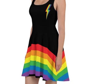 Vestido skater para festival del orgullo, tallas XS a 3XL, bandera sutil del desfile del orgullo con arte queer arcoíris, que dice gay, LGBTQIA+, tallas grandes, el amor es amor, género fluido, Bowie