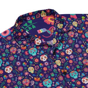 Camisa unisex con botones del Día de los Muertos, tallas 2XS a 6X, para otoño, sin disfraz, para Halloween, para hombres y mujeres, tallas grandes, con calaveras de azúcar