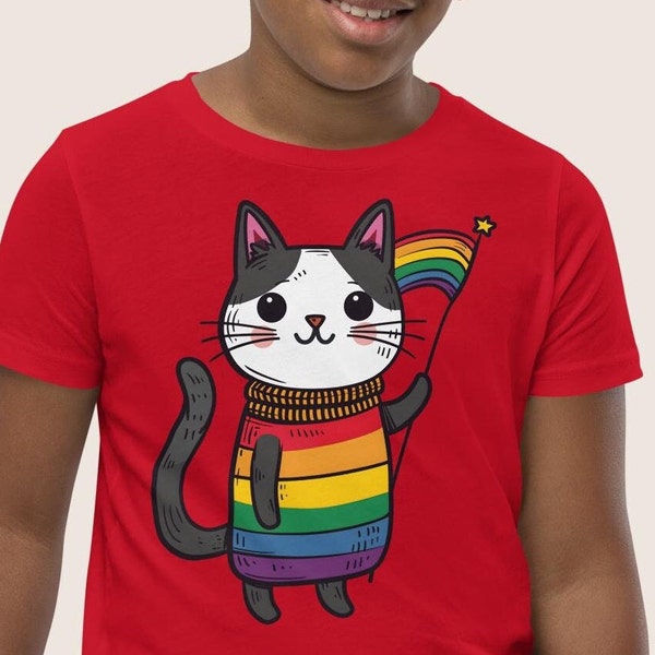 Kids Pride Ally Cat Unisex T-Shirt S-3X | Rainbow Youth tee Soft Cotton Gay LQBTQIA Queer Art Subtle Pride Parade Festival Flag Say Gay