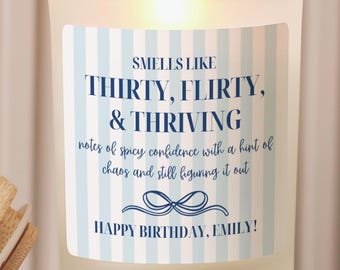Striped 30th Birthday Candle, Thirty, Flirty, and Thriving Coquette Gift for Her, 30th Birthday Party Gift, Soy Wax Candle, Milestone Gifts