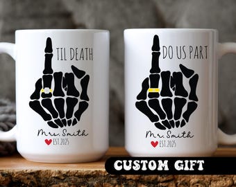 Custom 'Til Death' Mug Set: Goth Wedding Gift, Skeleton Hands