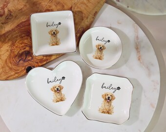 Personalized Dog Ring Dish, Custom Pet Portrait Jewelry Tray, Golden Retriever Gift, Dog Mom Keepsake, Ceramic Trinket Dish for Her