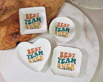 Best Team Ever Jewelry Dish, Retro Colorful Trinket Tray with Custom Name, Teammate Appreciation Gift, Coworker Birthday Gift