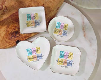 Dog Mom Ring Dish, Colorful Dog Lover Gift, Personalized Ceramic Jewelry Tray, Pet Mom Birthday Gift, Cute Trinket Dish for Her
