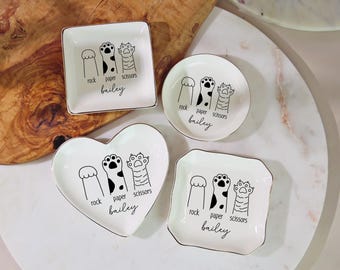 Personalized Pet Paw Trinket Dish, Rock Paper Scissors Ring Holder, Custom Pet Lover Gift, Ceramic Jewelry Tray, Cute Animal Keepsake
