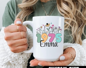 Personalized 50th Birthday Mug, Floral Coffee Cup, 1975 Gift